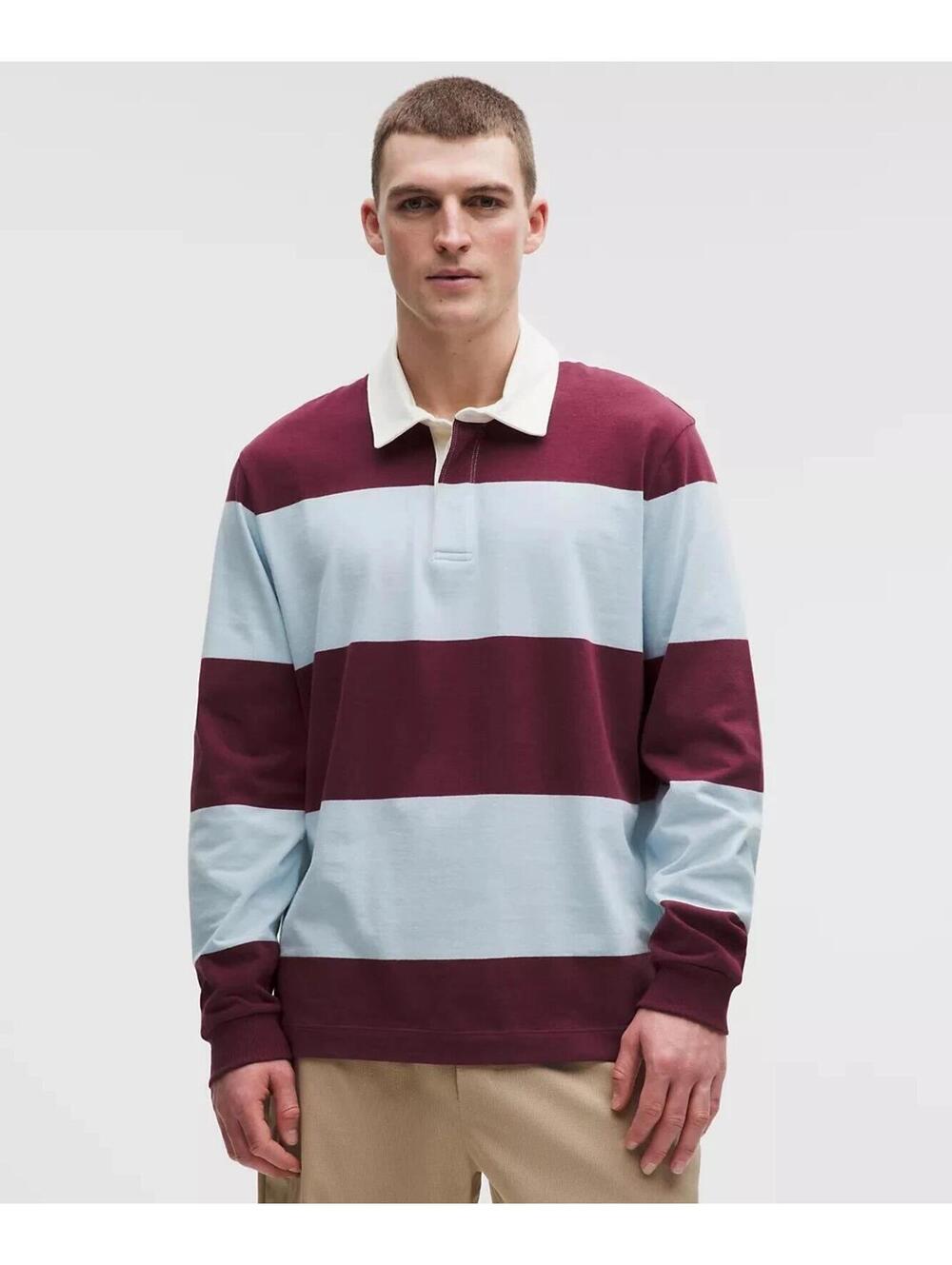 LULULEMON Long-Sleeve Cotton Rugby Shirt Wide Stripe Bugundy Bay/Foam Cloud XL